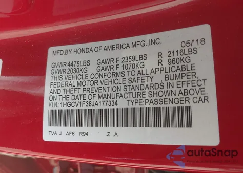 2018 Honda Accord Sport z USA, uszkodzony, nr VIN 1HGCV1F38JA177334